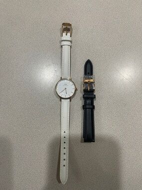 Daniel Wellington White Dial Watch with White and Black Leather Straps